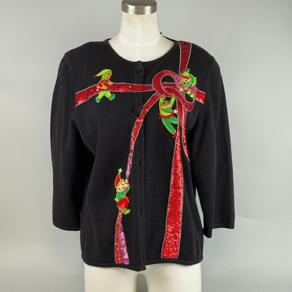 Michael Simon Christmas Cardigan Womens Large Black Elf Sequin Vintage